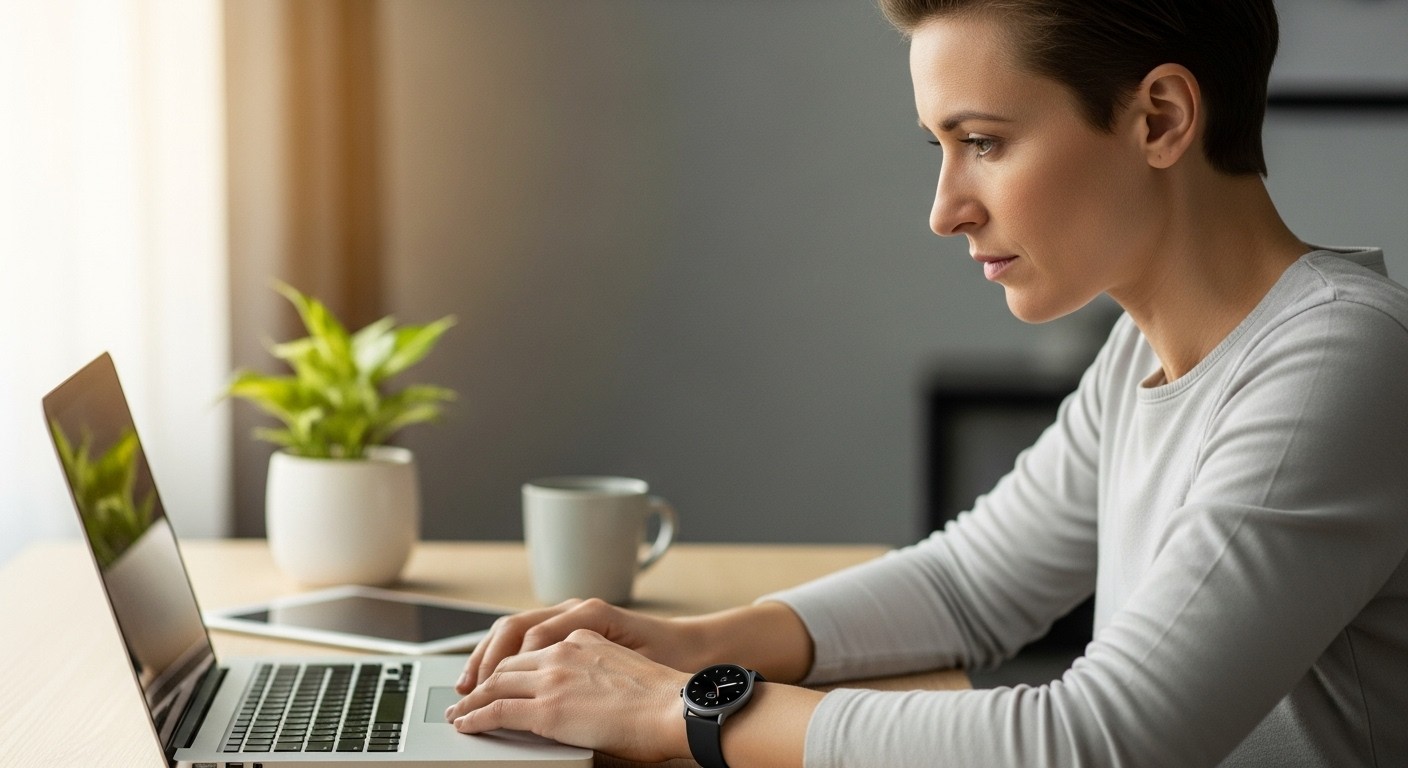 Person typing and putting on smartwatch