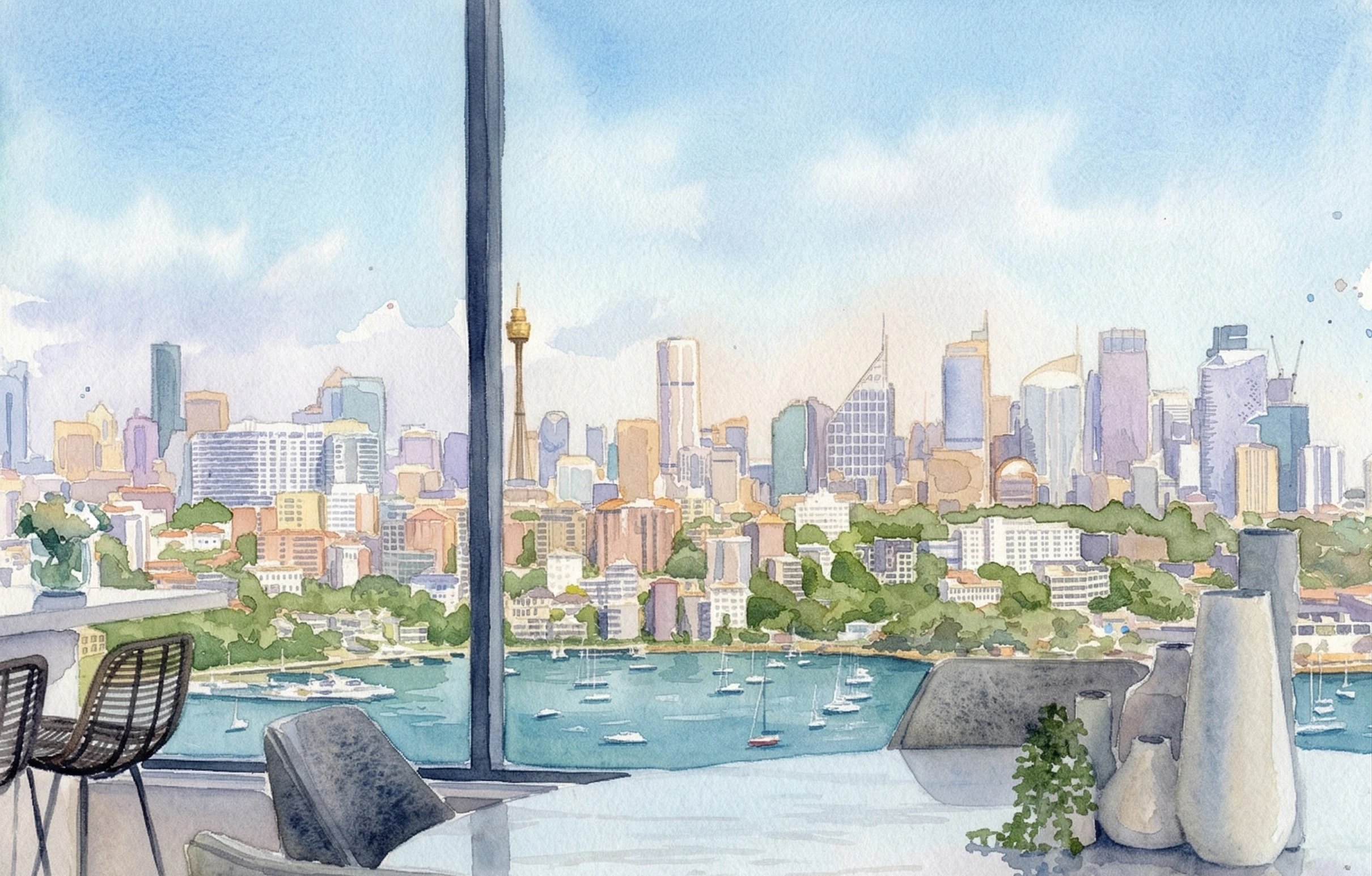 Watercolor painting of Sydney skyline from a modern apartment, showing the harbor, boats, and city buildings.