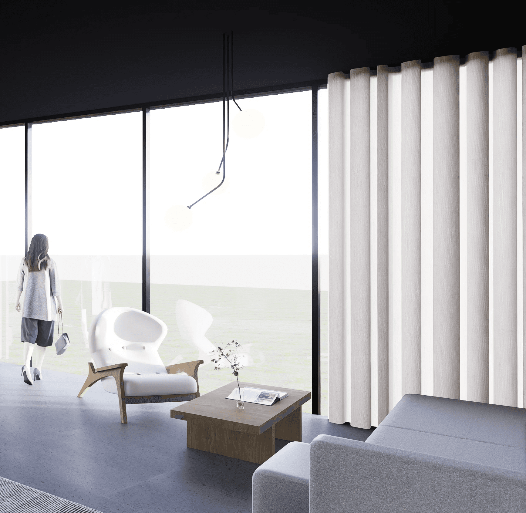 Living room with couch, lamp, and balcony view.