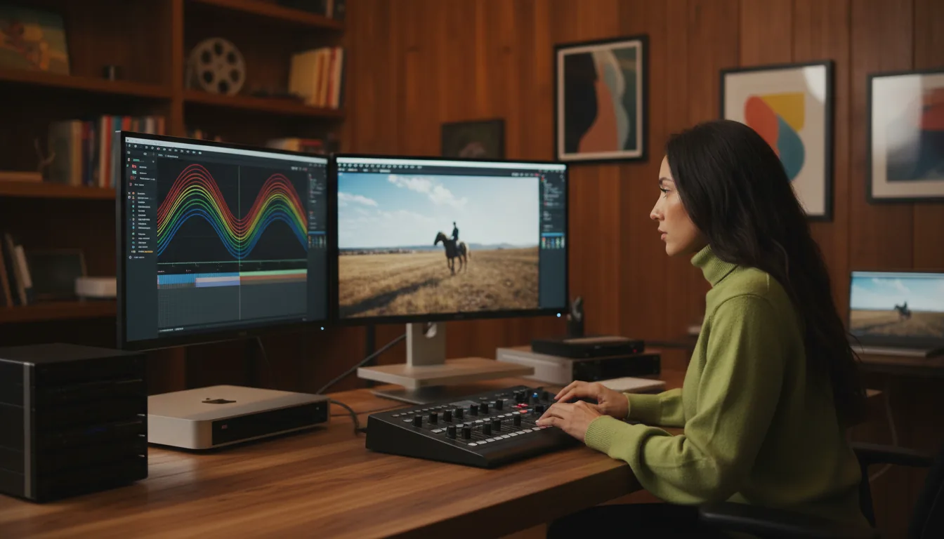 DSLR photograph of a professional creative studio. A woman with long dark hair, wearing a vibrant lime green turtleneck, is seen in profile, working intently at a large wooden desk. Her powerful workstation features a silver Apple Mac Studio, dual monitors, a professional color grading console, and external hard drives. The screens display a complex video editing interface with colorful waveform monitors and a preview of a cinematic shot of a person on a horse. The background consists of warm wood-paneled walls with shelves holding books and framed art. The scene is bathed in soft, warm studio lighting with a cinematic contrast, highlighting the textures of the wood and matte aluminum. Shallow depth of field keeps the focus sharp on the subject and her equipment, with the background gently blurred.