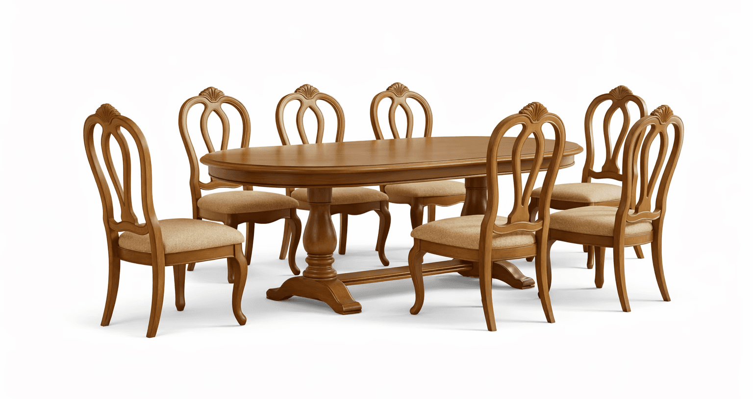 Circular wooden dining table supported by a single pedestal, matched with carved side chairs