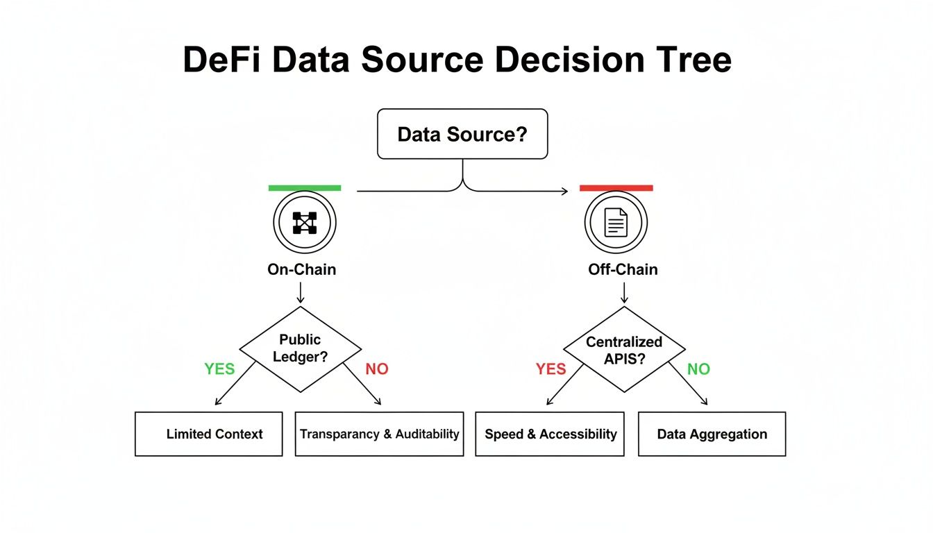 A decision tree for DeFi data sources, comparing on-chain and off-chain options and their characteristics.