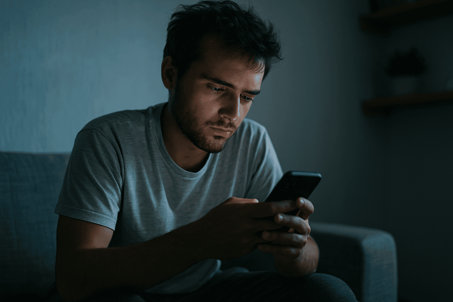 Imagen sobre adicción a Internet y redes sociales. Transmiten claramente el aislamiento y agotamiento emocional.