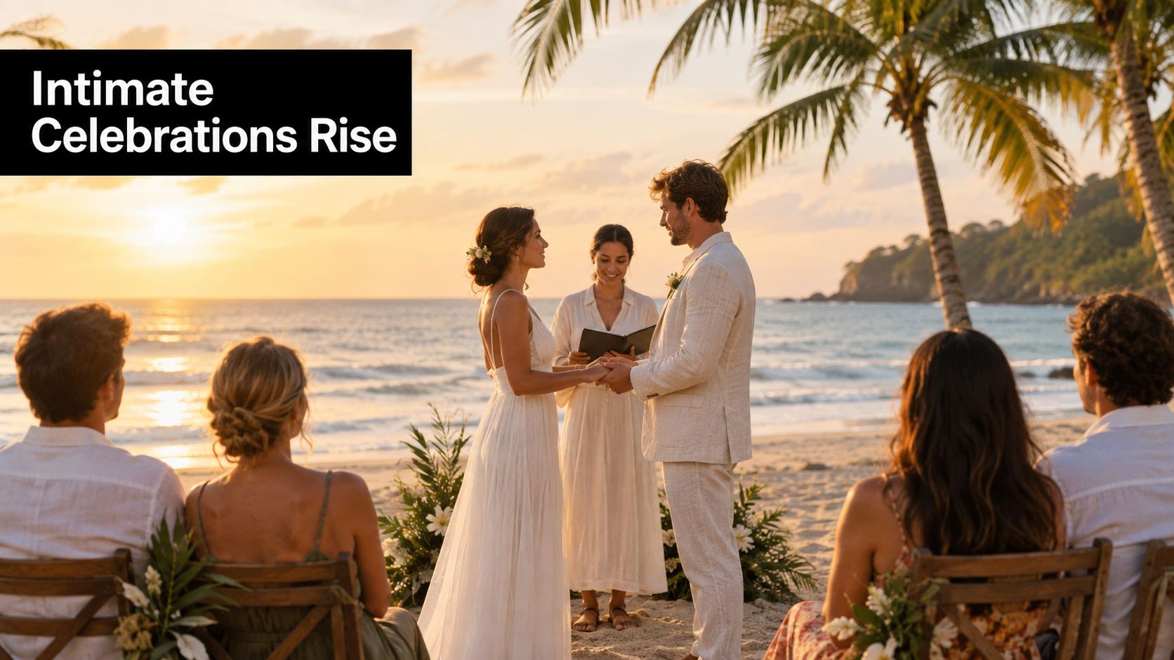 A couple standing at the altar for an intimate beach wedding ceremony during a beautiful sunset