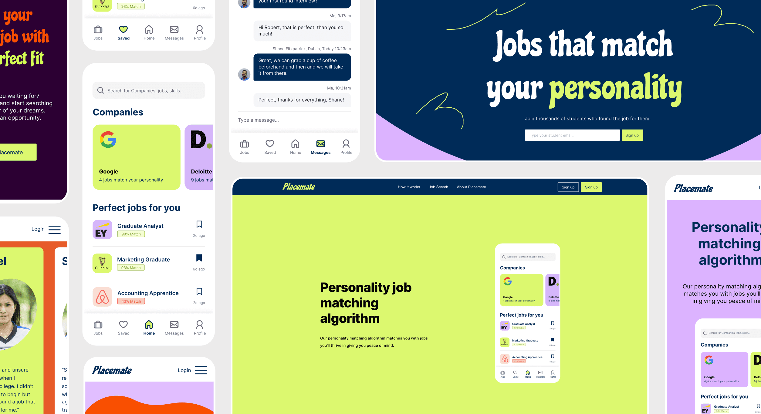 Grid of colourful Placemate website screenshots.