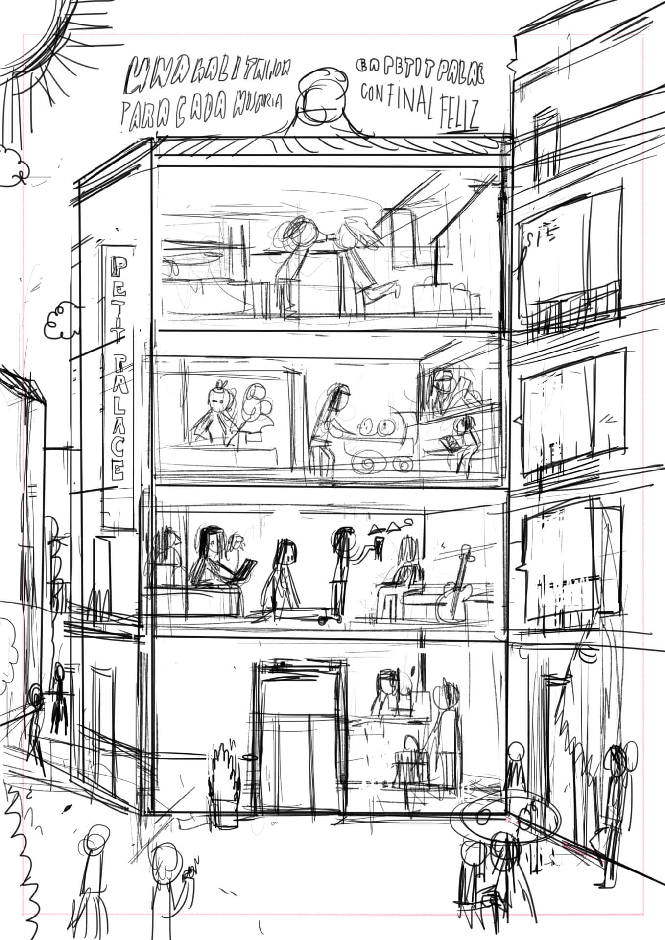 Boceto de edificio de apartamentos Petit Palace con actividades familiares y letrero en la azotea.