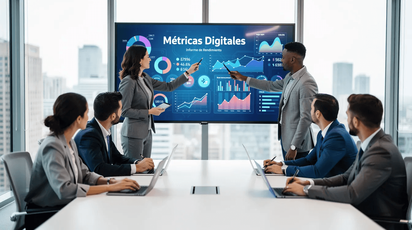 Un equipo de profesionales se encuentra reunido en una sala de juntas, analizando métricas digitales y discutiendo sobre estrategias de publicidad en Google Ads. En la mesa hay pantallas que muestran datos sobre palabras clave, volumen de búsqueda y resultados de campañas, mientras los miembros intercambian ideas sobre cómo optimizar el tráfico hacia el sitio web de la empresa.