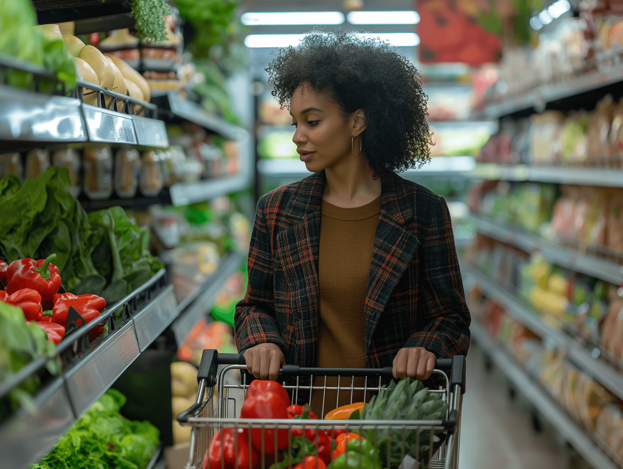 A woman in a grocery store examines fresh produce while pushing a shopping cart down the aisle.