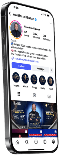 Instagram profile page of a life coach with 23k followers, highlighting experience in manifesting dreams and the Law of Attraction.