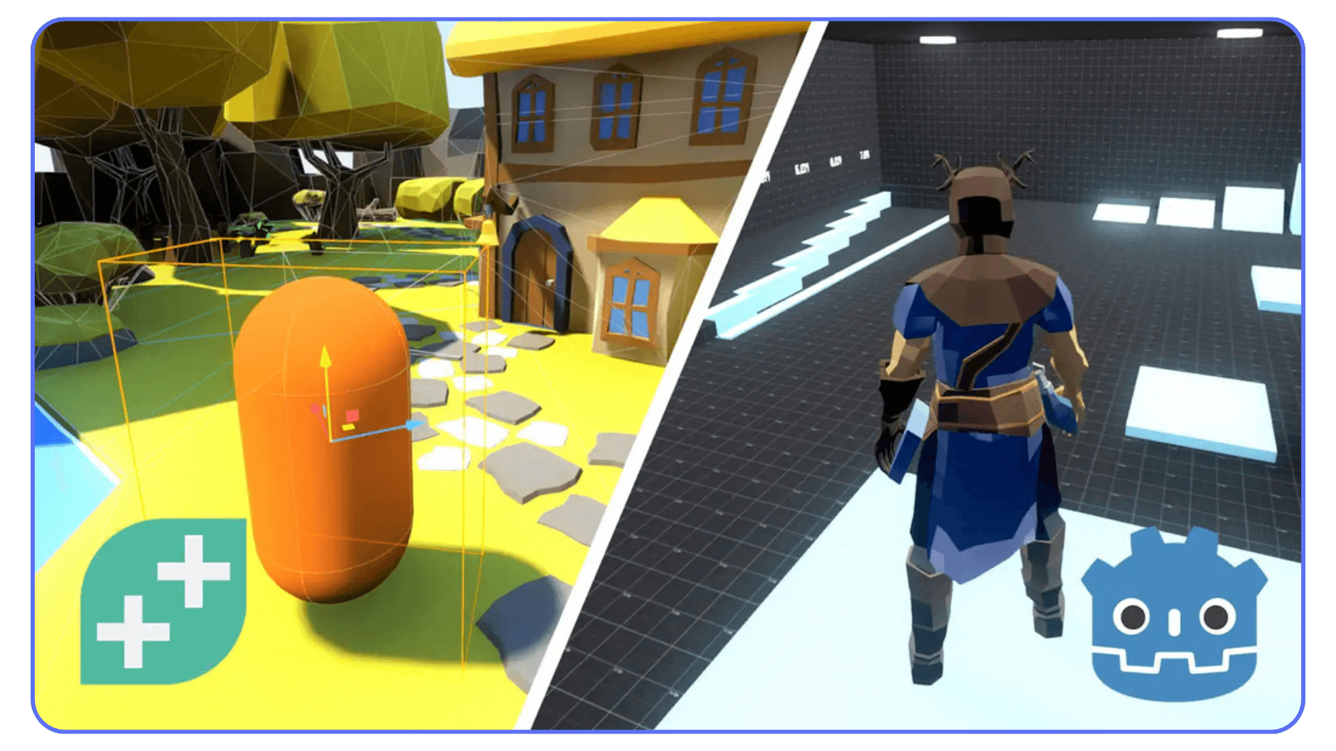 Split view showing a simple character capsule and a fully animated character used in Godot controller plugins.