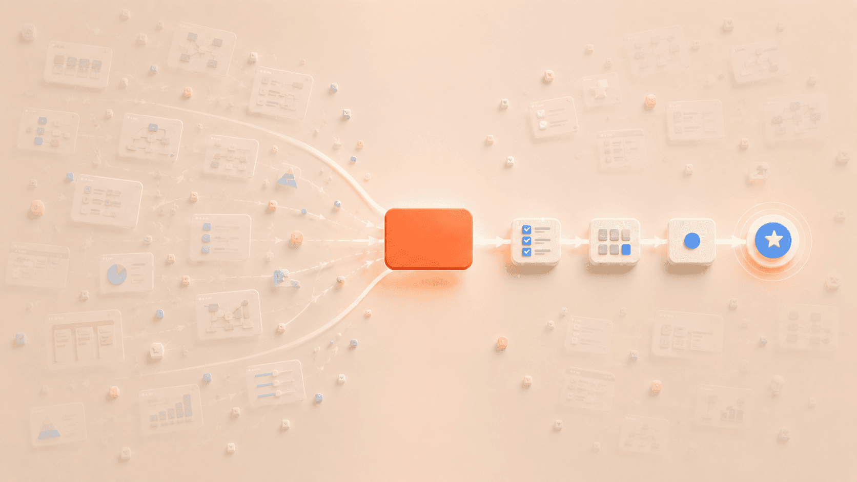 Minimalistische 3D-Illustration mit einer korallfarbenen Fokuskarte im Zentrum, zu der zahlreiche transparente Strategie-, Dashboard- und Planungselemente aus dem Hintergrund zusammengeführt werden. Rechts verläuft ein klar strukturierter Umsetzungspfad mit wenigen geordneten Schritten bis zu einem dezenten Zielsymbol, während verstreute Framework-, Diagramm- und Ideenkarten im warmen cremebeigen Hintergrund verblassen und den Übergang von komplexer Strategievielfalt zu klarer Handlung darstellen.