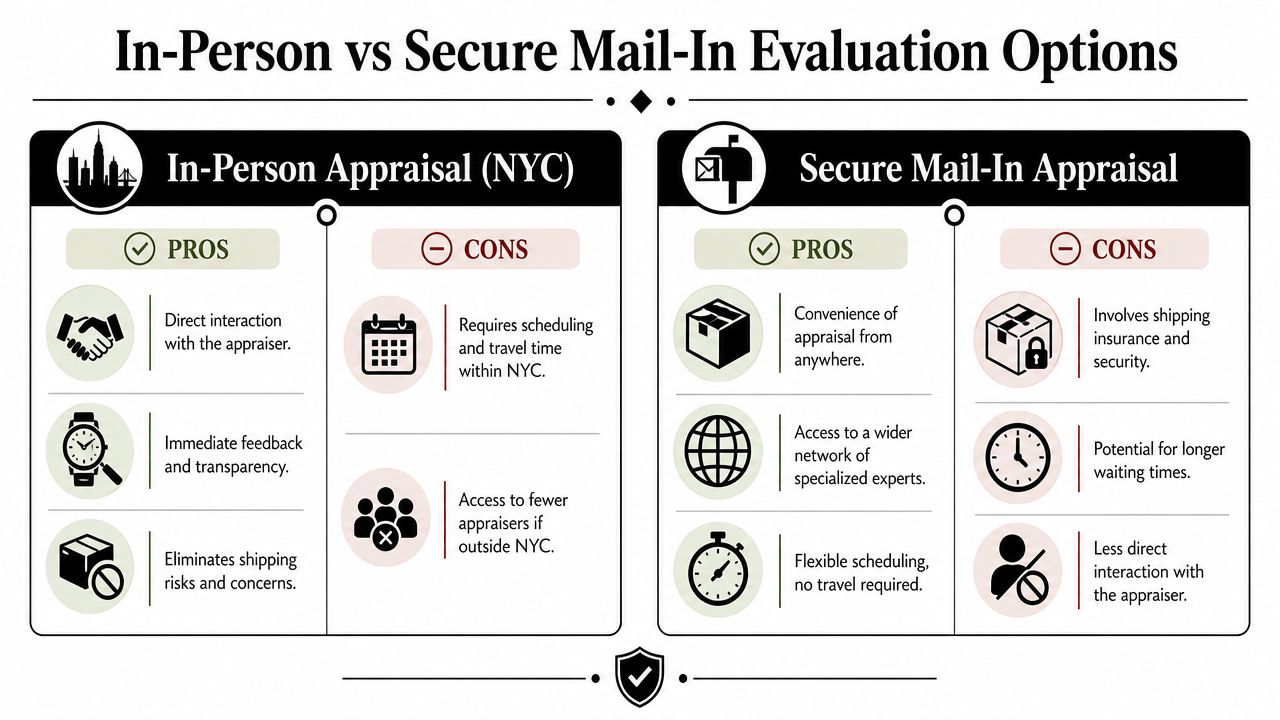 A comparison chart outlining the pros and cons of in-person versus secure mail-in watch appraisal options.