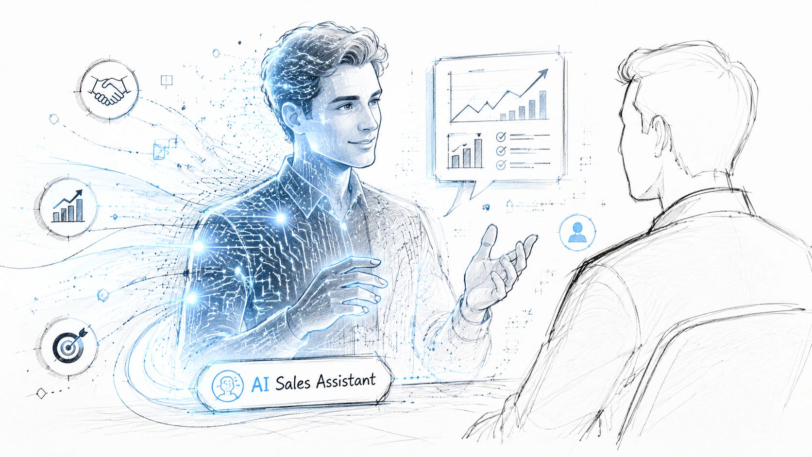 A digital illustration of an AI sales assistant having a professional discussion with a human client.