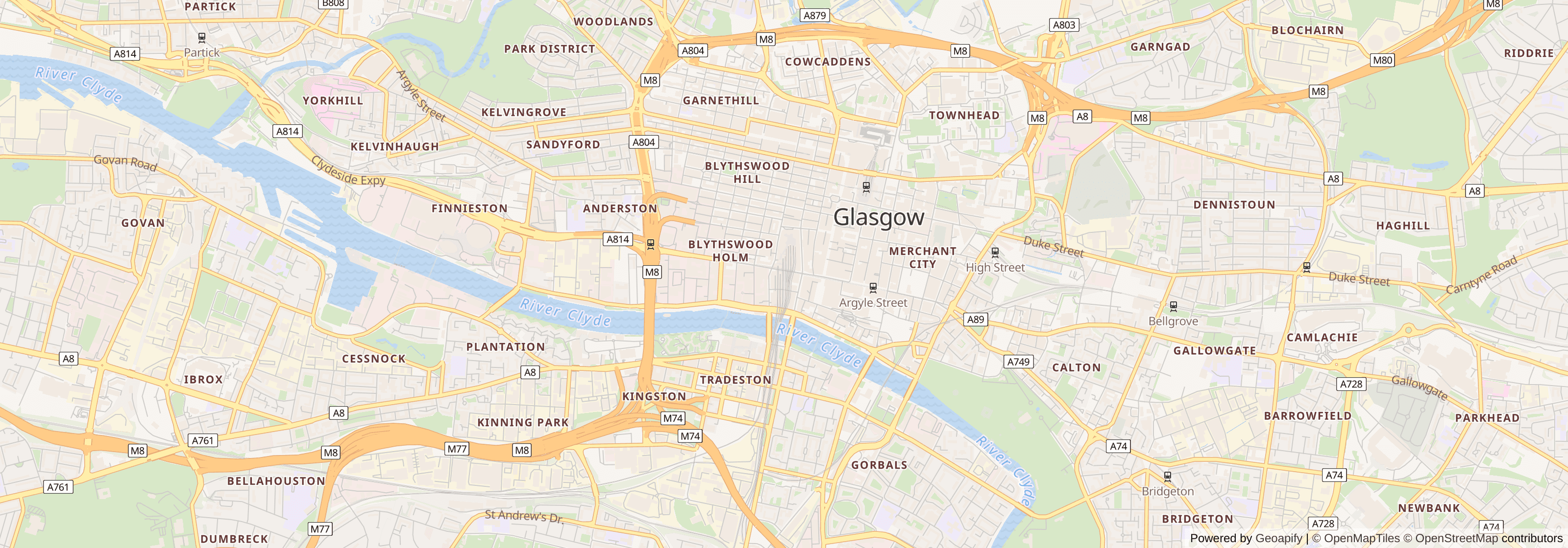 Street map of Glasgow, City of Glasgow showing main roads and nearby areas