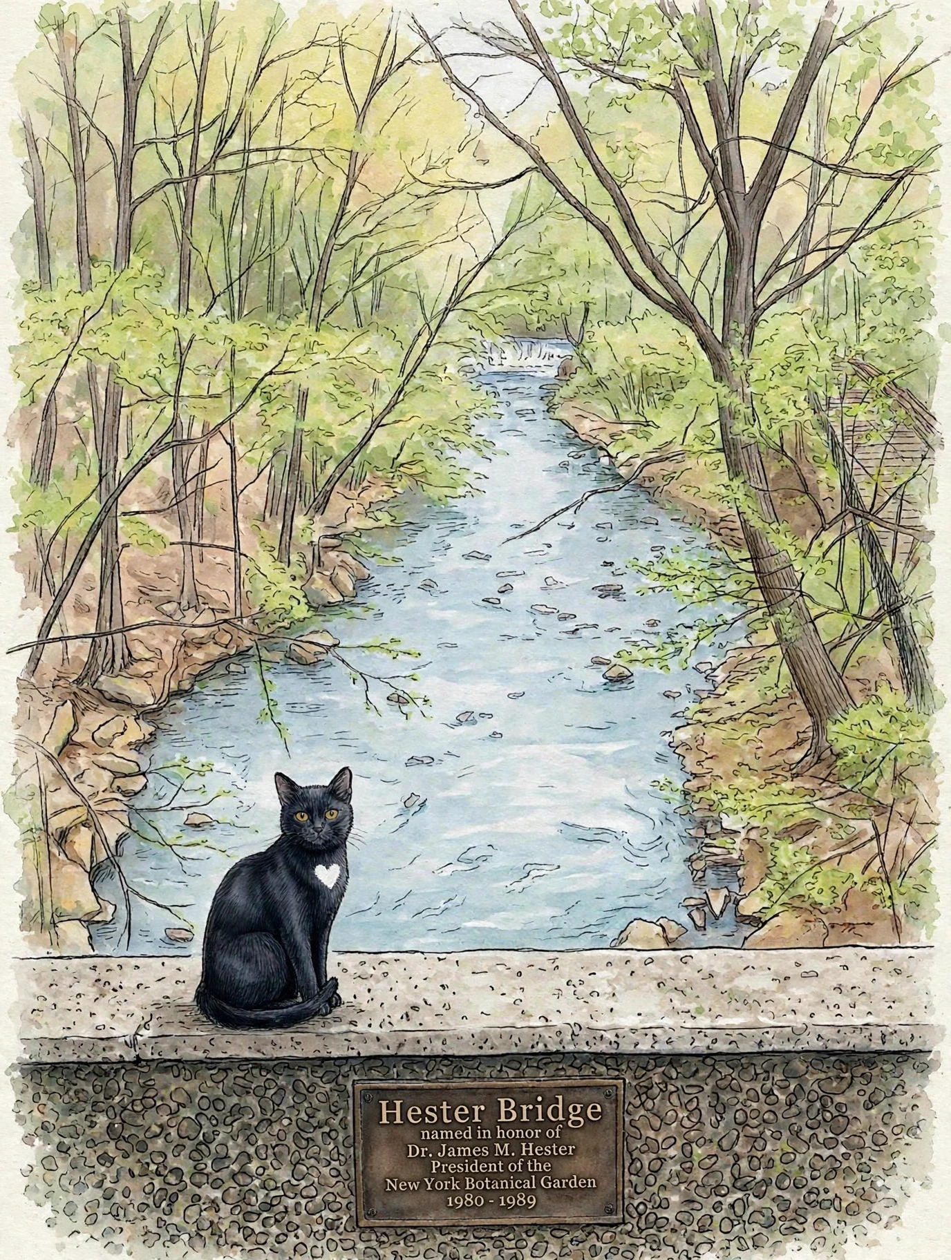 Hester Bridge over Bronx River near New York Botanical Garden watercolor illustration