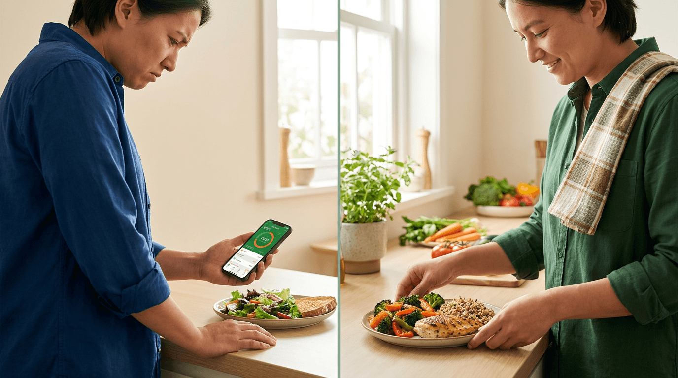 split scene showing macro tracking stress versus relaxed balanced home cooking