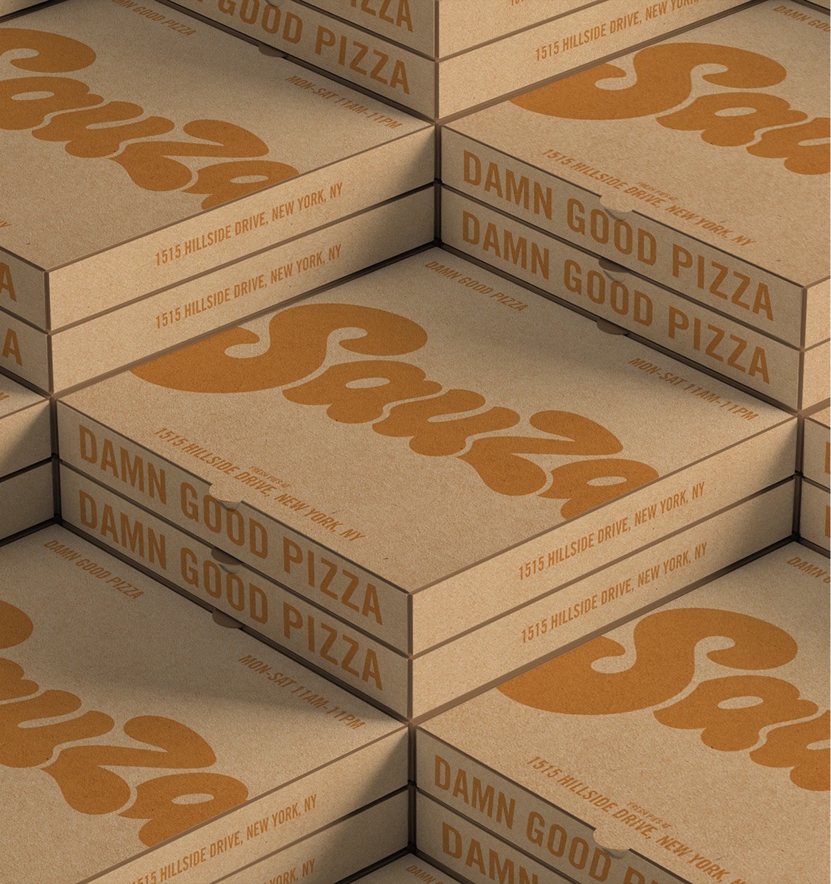 Stack of Sauza Pizzeria kraft pizza boxes featuring custom logo and typography.