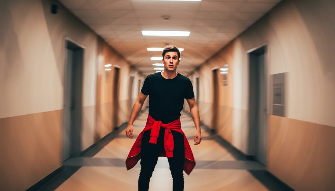 Action photograph of a person in a hallway, showcasing a powerful radial blur video effect reminiscent of an Adobe Premiere Pro transition. A disorienting vortex zoom is centered on a young man wearing a black shirt and a red jacket tied around his waist. The surrounding hallway architecture streaks outwards in a dramatic, swirling motion blur. The scene is captured from a dynamic Dutch angle with bright, diffuse indoor lighting, conveying a sense of intense, chaotic movement.