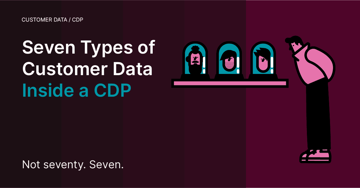 Cover image for Asteroad article about seven types of customer data inside a CDP: profile, behavioral, transactional, engagement, consent, preference, and derived. Illustration shows a person examining customer profiles under glass domes.