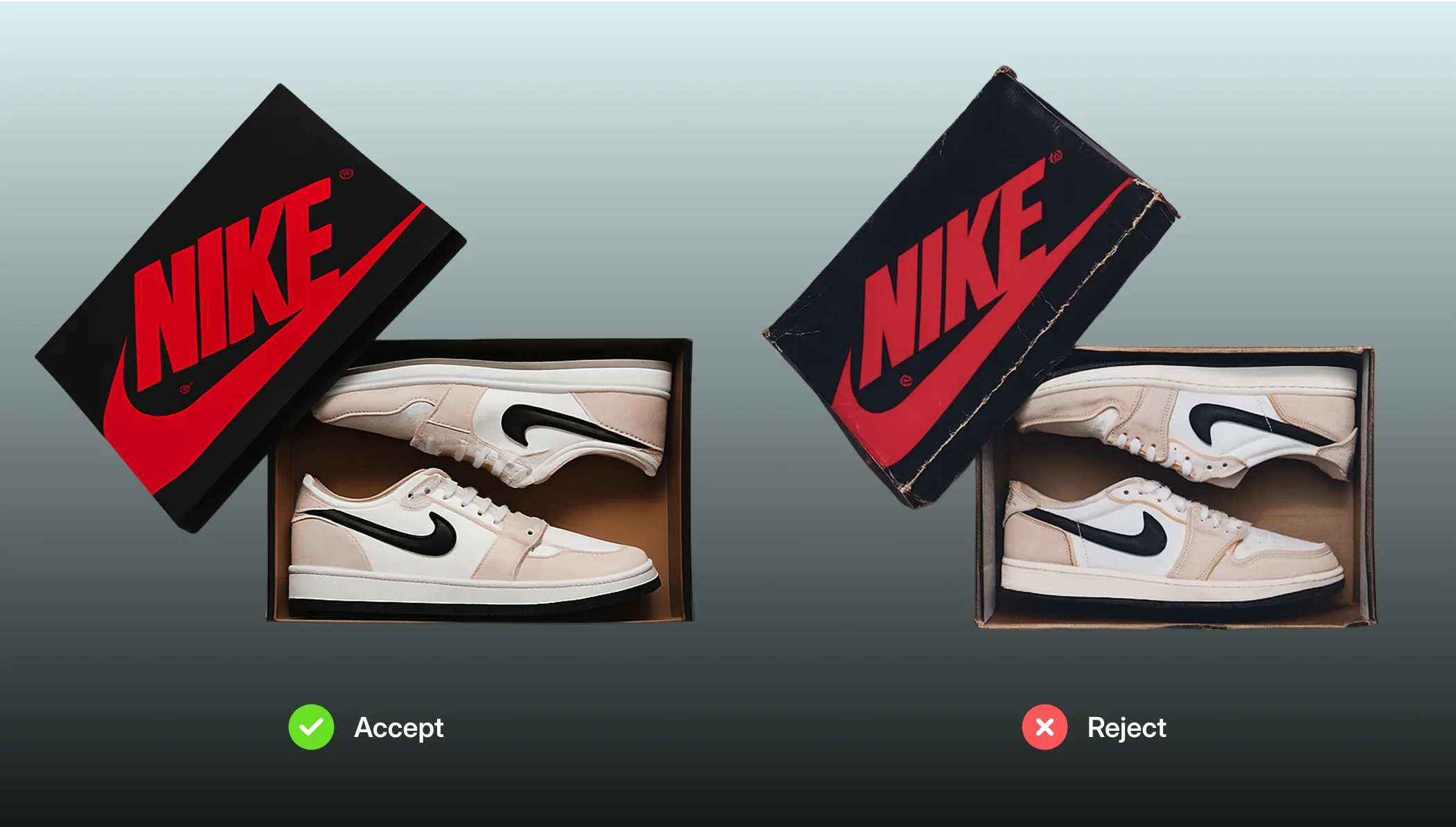Side-by-side of acceptable and rejected sneaker box conditions showing Pledge quality standards