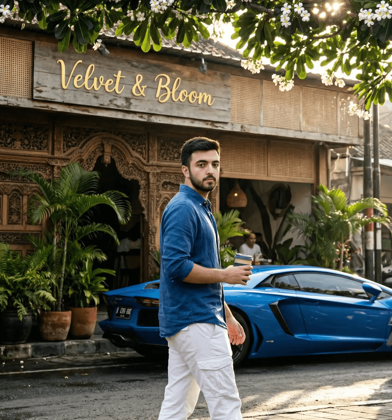 AI-generated lifestyle image of a man holding a coffee cup walking past a blue Lamborghini and a wooden storefront named Velvet & Bloom. AI image generation by Mahendra R.