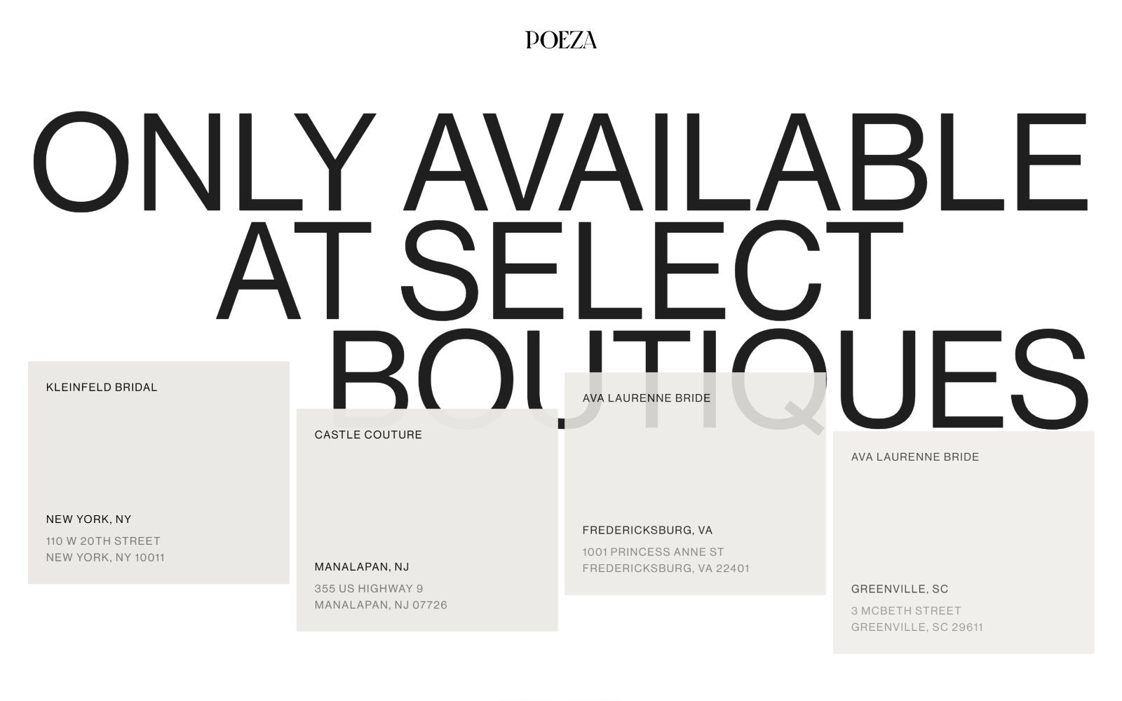 ONLY AVAILABLE AT SELECT BOUTIQUES in large text. Locations listed: New York, Manalapan, Fredericksburg, Greenville.