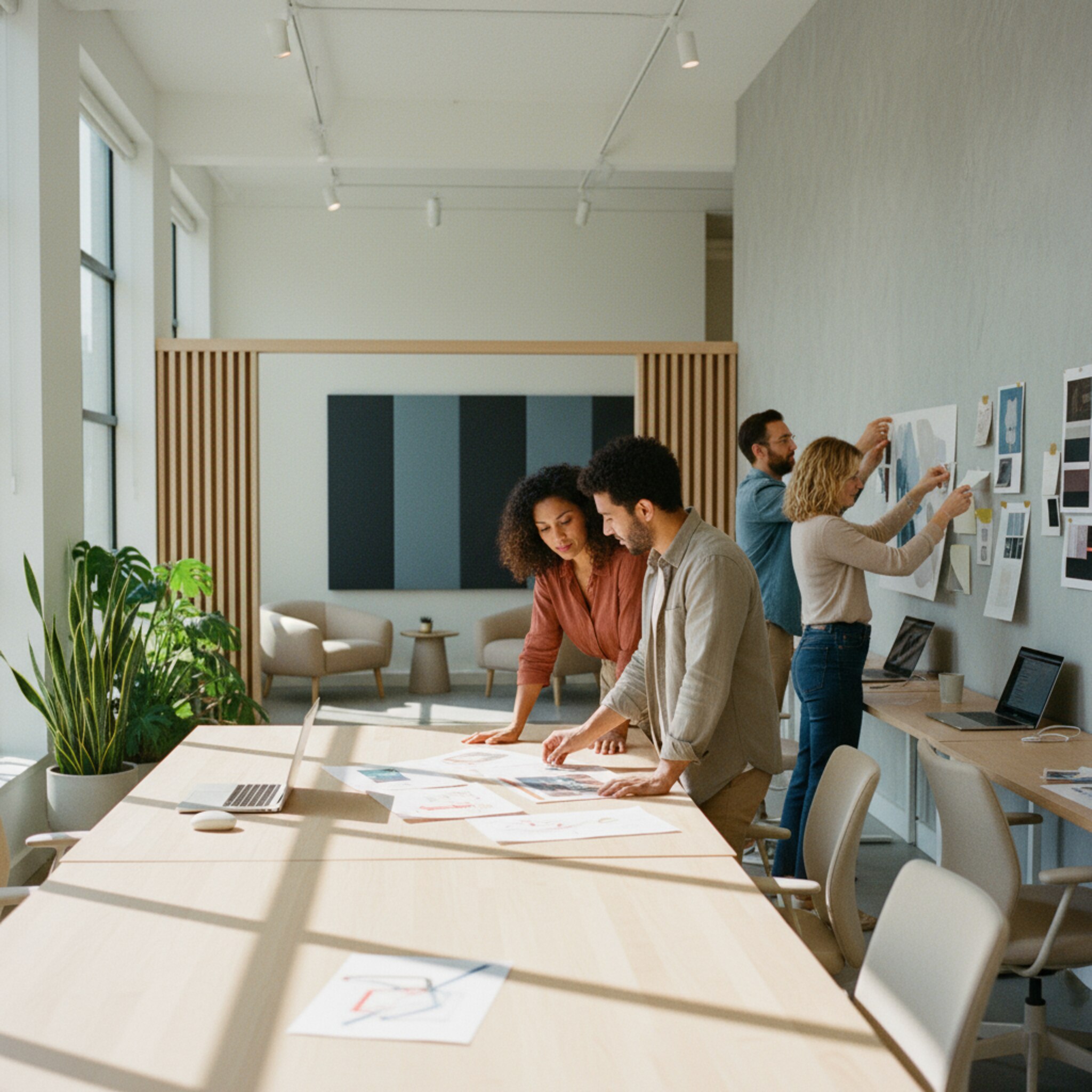 In einem hellen Open Space hängt ein Team bunte Moodboards an eine Wand, während zwei Designer an einer langen Holztischkante Skizzen austauschen. Ein paar Schreibtische mit Pflanzen stehen bereit, Sonnenlicht fällt durch große Fenster. Im Hintergrund wartet eine ruhige Focus-Zone mit Akustikpanelen. Die Atmosphäre wirkt energiegeladen und konzentriert.