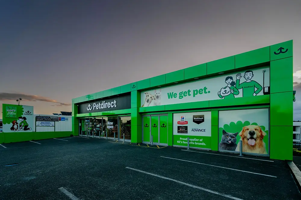 An external shot of the first ever petdirect store at sunset