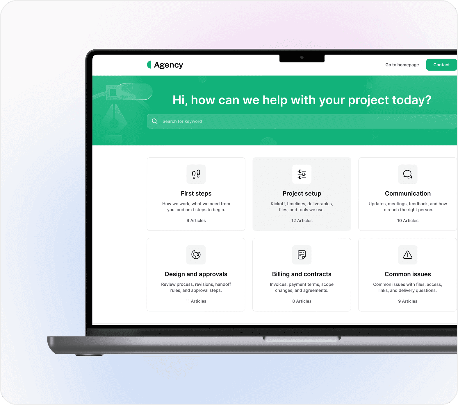 Agency client help center with categories for project setup, communication, design approvals, and billing.