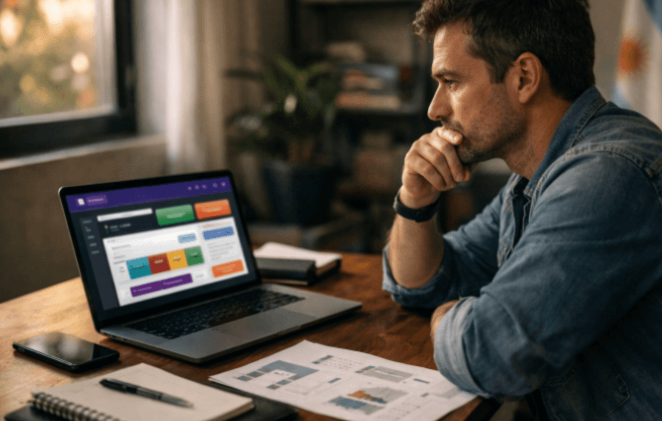 Hombre sentado en un escritorio mirando una notebook con un panel de control en pantalla, con papeles y un celular sobre la mesa en un ambiente de oficina con luz natural.