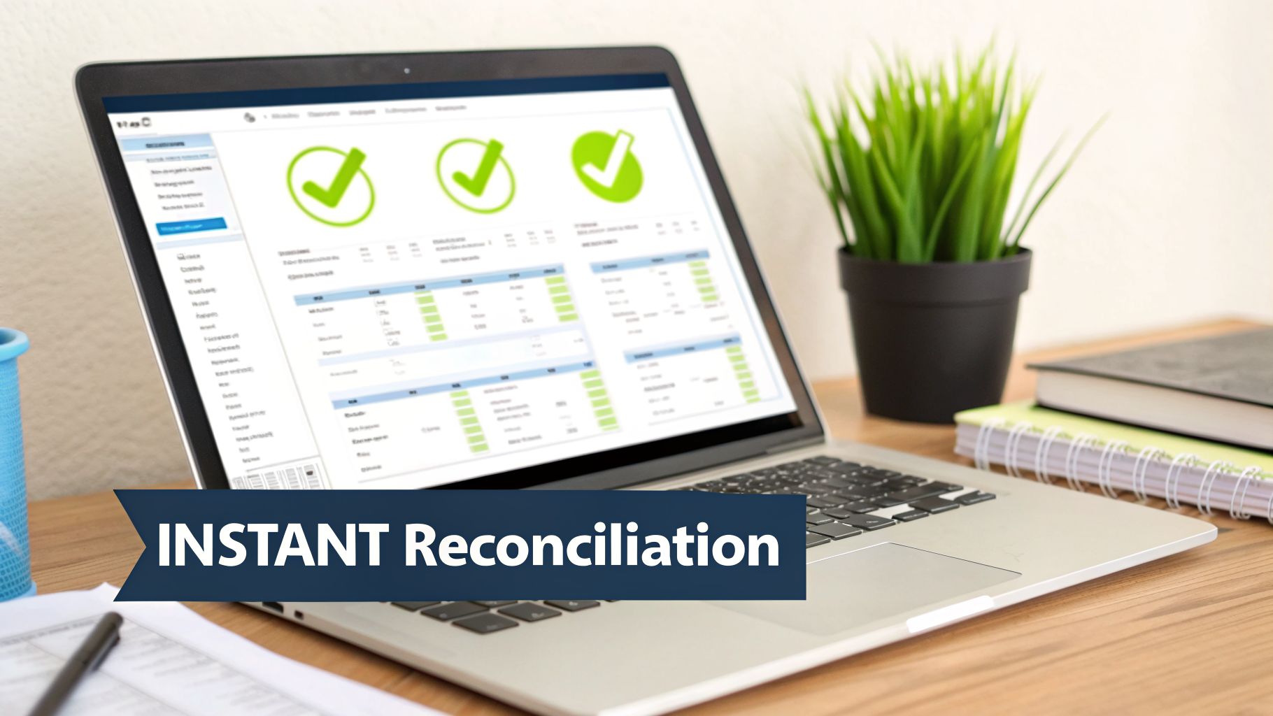 A laptop displaying instant financial reconciliation software with green checkmarks on a wooden desk.