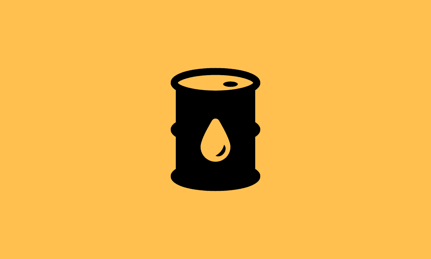 An icon of a black oil barrel with a droplet symbol on it is set against a solid yellow background, symbolizing commodities investment.
