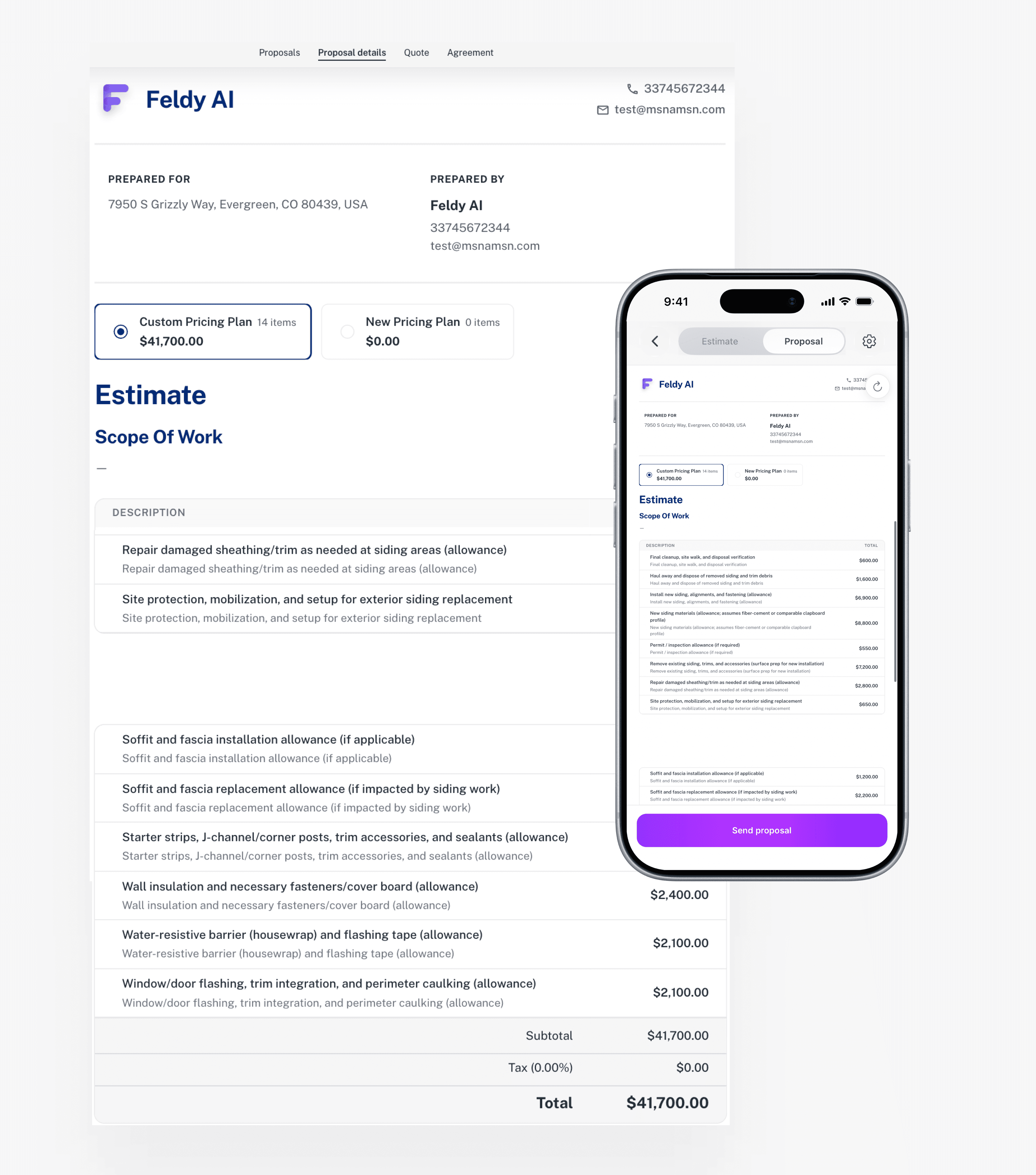 Feldy proposal screen ready to send to a customer from a mobile phone.