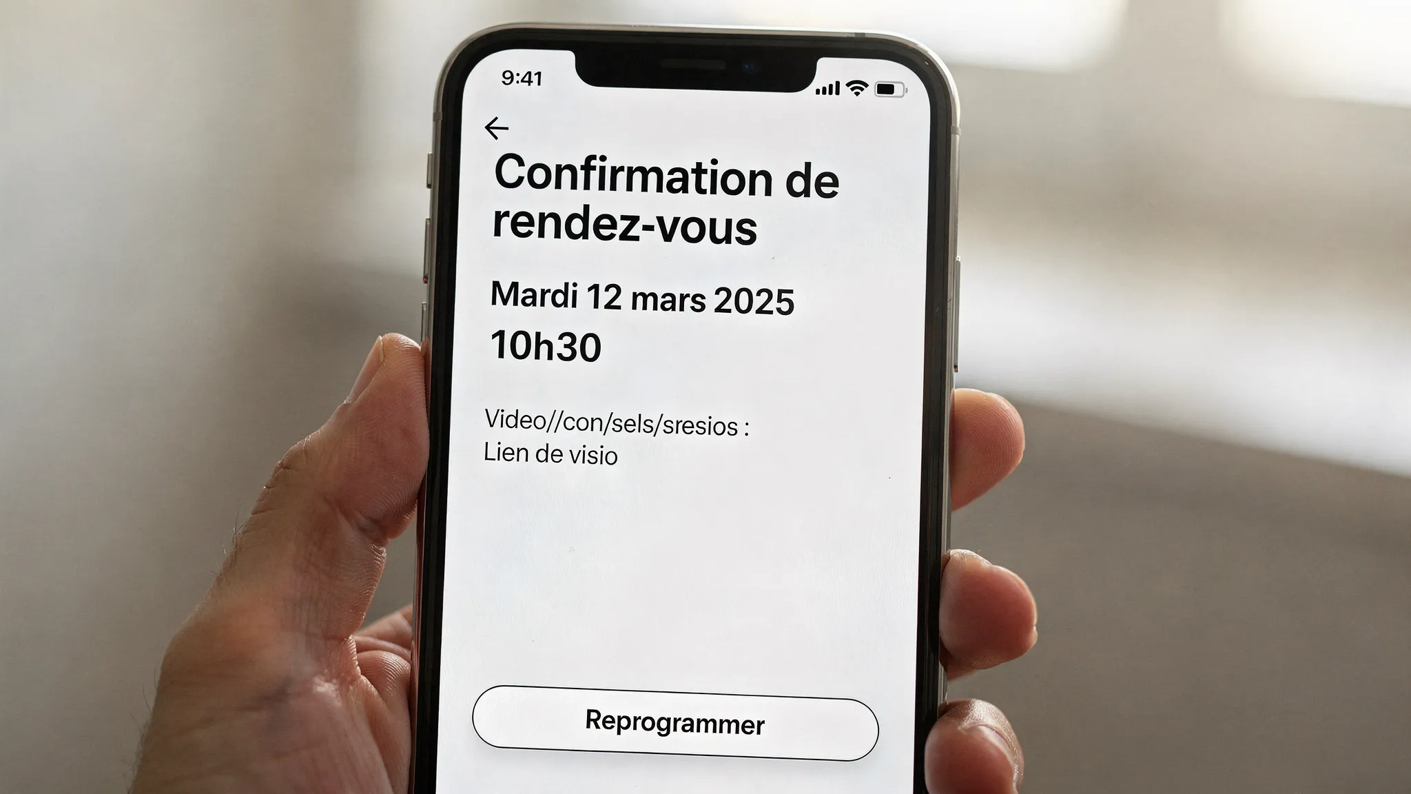 Smartphone affichant une confirmation de rendez‑vous avec date, heure et lien de visio, plus un bouton Reprogrammer. L’écran est orienté vers l’utilisateur, message clair et concis.