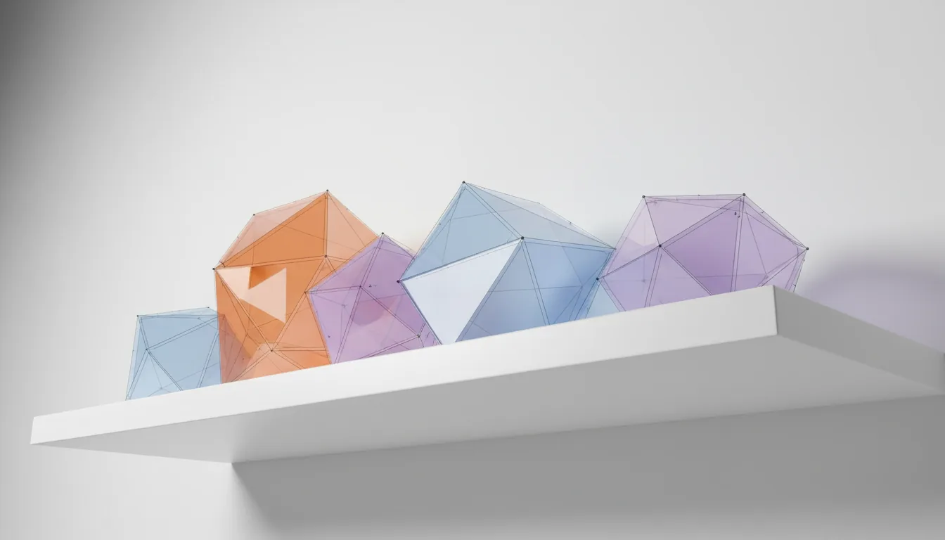 3D render in the style of Rhinoceros, a close-up low-angle shot of abstract geometric forms on a white shelf, translucent colored glass material with glossy reflections, faceted polygonal shapes in pastel orange, soft blue, and lavender, soft global illumination, clean minimalist composition, bright white studio backdrop.