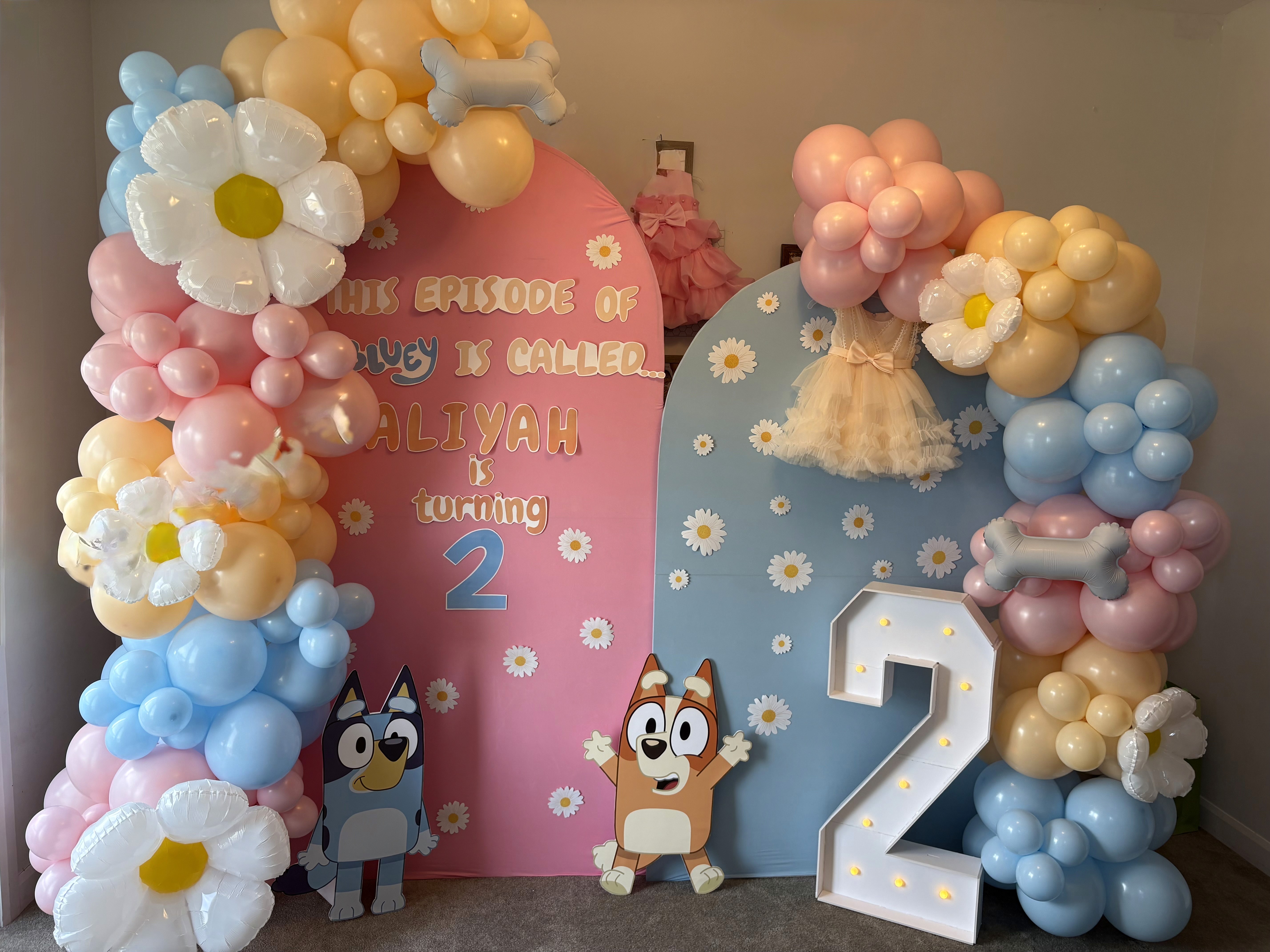 Two arches with a 6 foot and 7 foot balloon garland, bluey themed