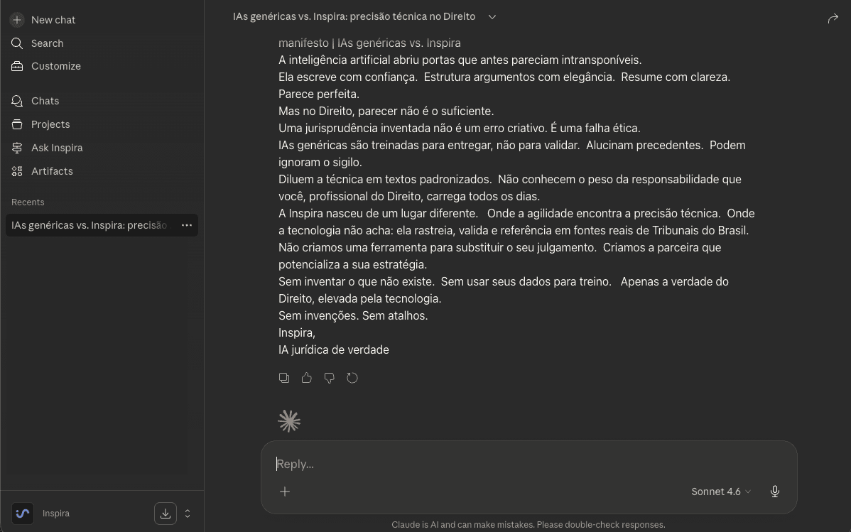Print de tela da interface do Claude exibindo o texto de um manifesto que contrasta IAs genéricas com a precisão técnica da Inspira no Direito.