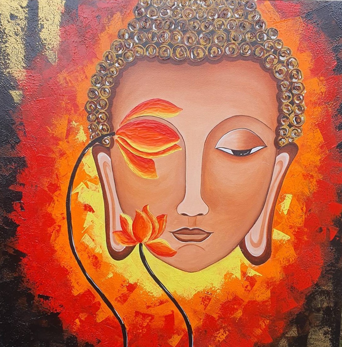 A painting of a serene Buddha surrounded by vibrant orange flowers, symbolizing peace and tranquility.