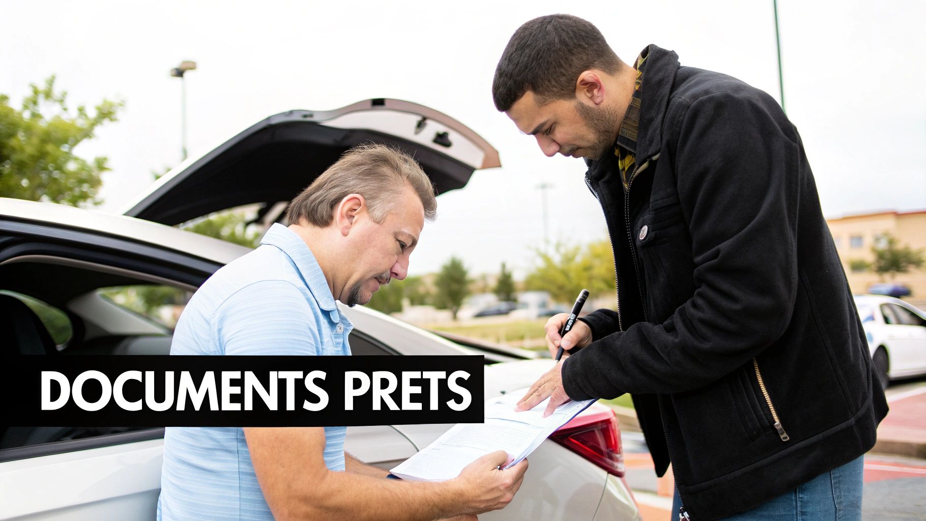 Deux hommes signent des documents importants près d'une voiture avec le coffre ouvert.