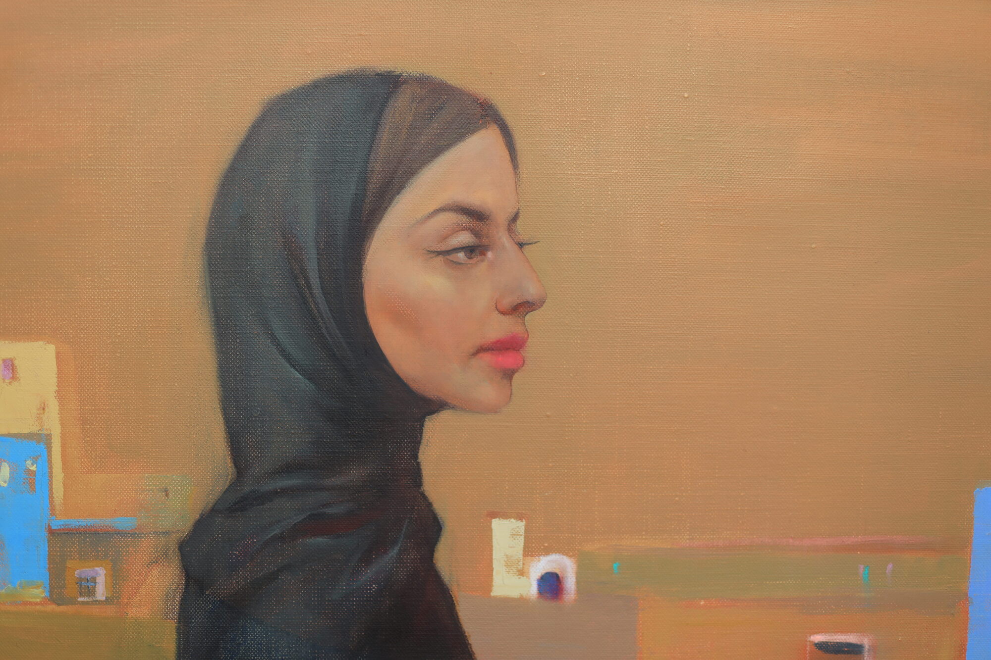 A painted portrait depicts a woman in profile wearing a black headscarf against a warm brown background with abstract, colorful geometric shapes.