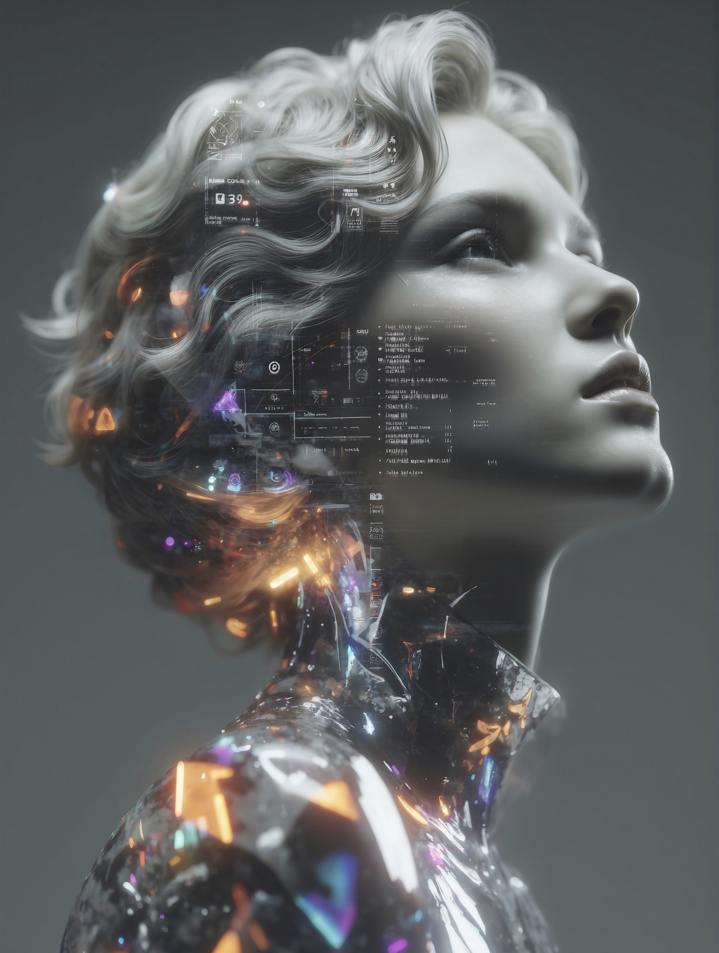 Portrait of a woman with digital abstract effects and color overlays