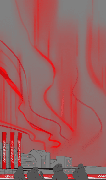 Grayscale sketch showing pedestrians under an expansive, stylized red aurora sky