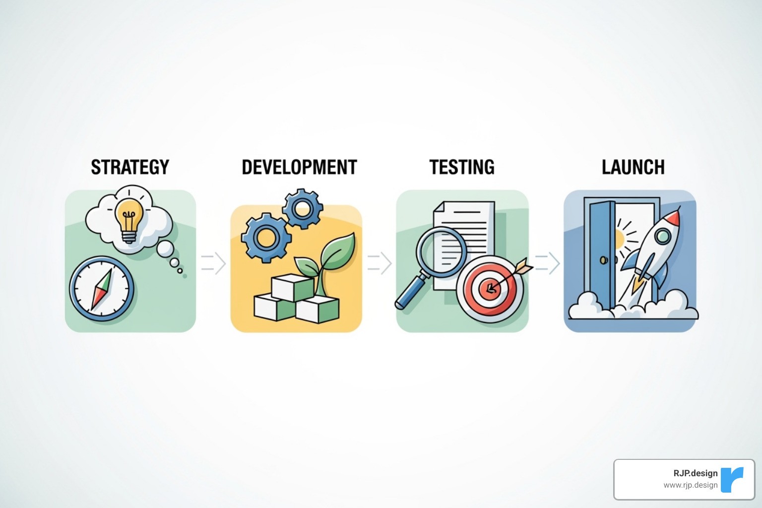 illustration of the four-step process from strategy to launch - WordPress website design