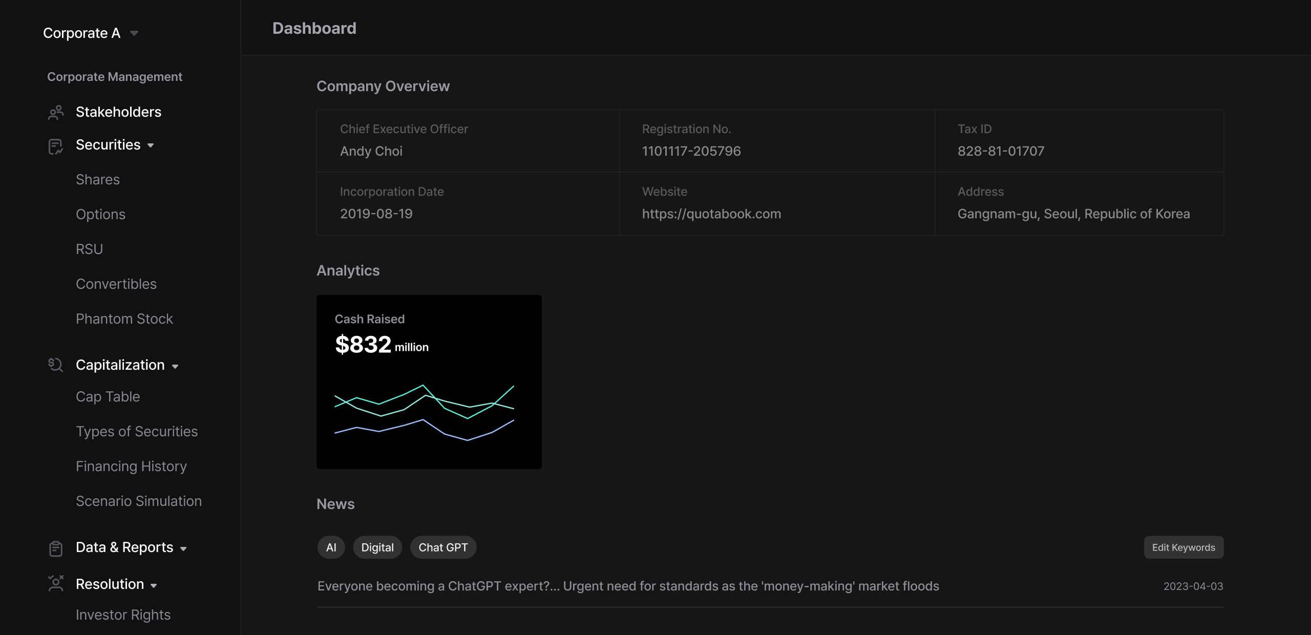 QuotaBook Product Dashboard