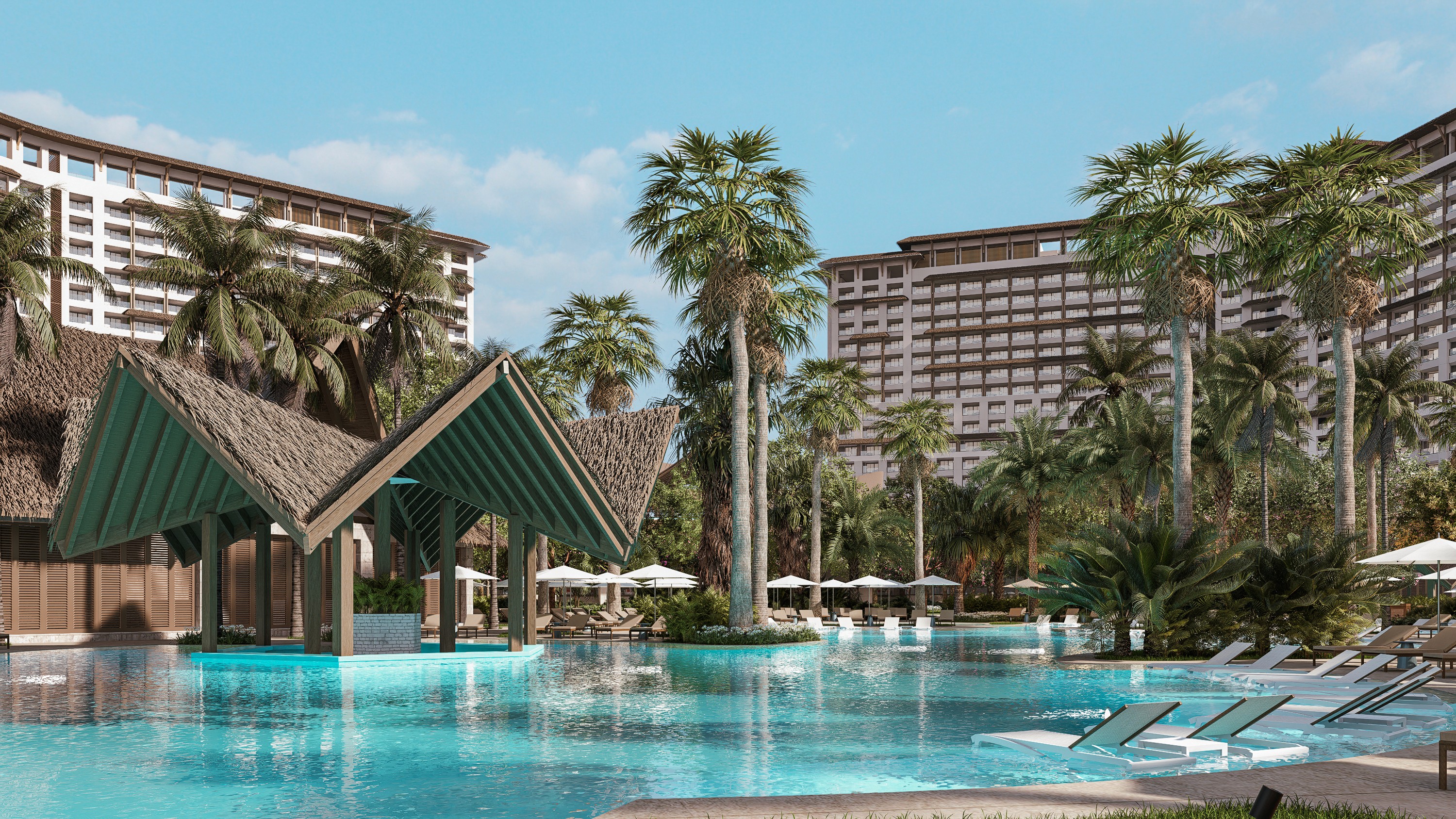 Tropical resort pool with swim-up bar, surrounded by palms and hotels.