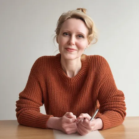 Woman in terracotta sweater presenting client re-engagement email AI prompt for menopause coaches