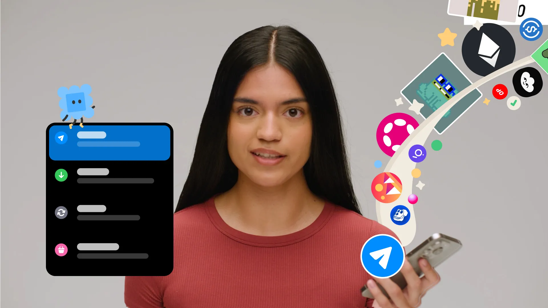 Stylized mobile app screen with colorful content cards and icons, with a small round image of a lighthouse to the side.