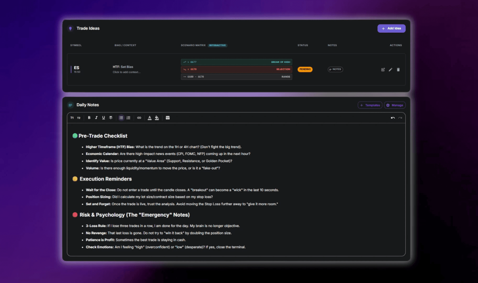 User interface displaying a 'Trade Ideas' log for scenario planning and a 'Daily Notes' section with a detailed pre-trade checklist.