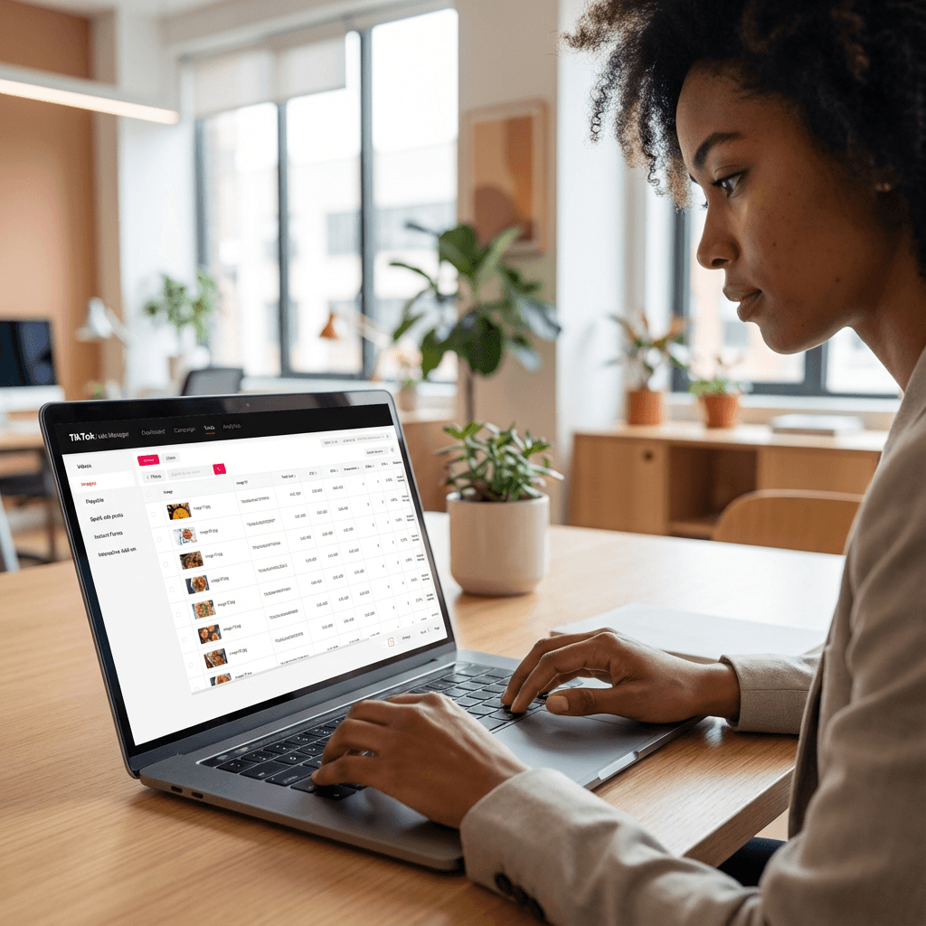 Eine Frau optimiert ihre TikTok Ads Kampagnen am Laptop. Über die TikTok Ads Integration in anny hat sie wichtige Conversions getrackt.
