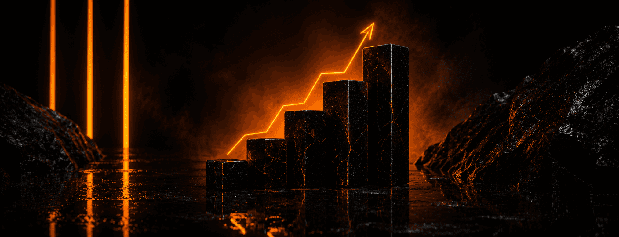 A sleek, dark 3D rendering features a series of ascending black stone pillars illuminated by vibrant orange lights, with an upward-pointing arrow symbolizing growth, set against a reflective surface and dramatic lighting, showcasing dynamic graphic design by Optima Quality Solutions.